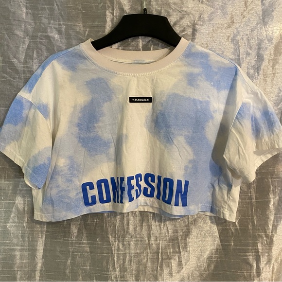 Y-R Angels crop top “CONFESSION” tie dye SZ M GUC, oversized cloud pattern - Picture 4 of 9